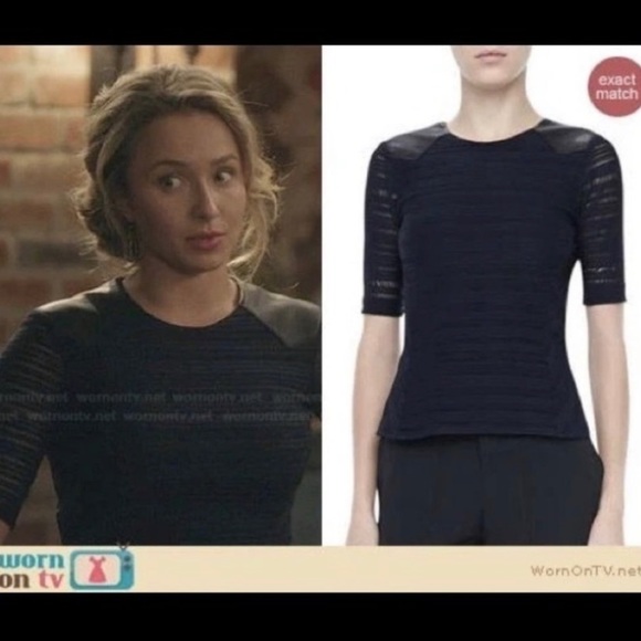 Rag & Bone Navy Mesh Top with Lamb Leather Patches - Picture 2 of 7